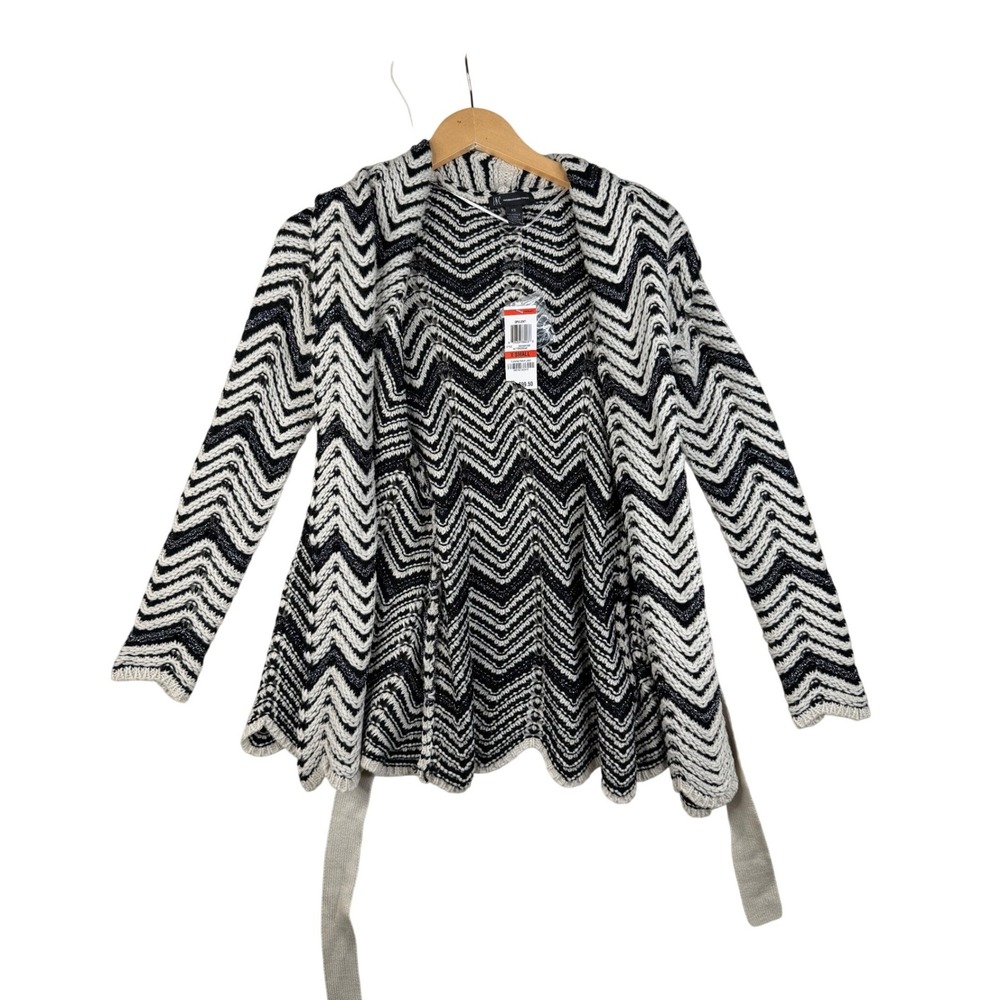 New INC International Concepts Striped Tie Waist Wool Blend Cardigan sz XS Black